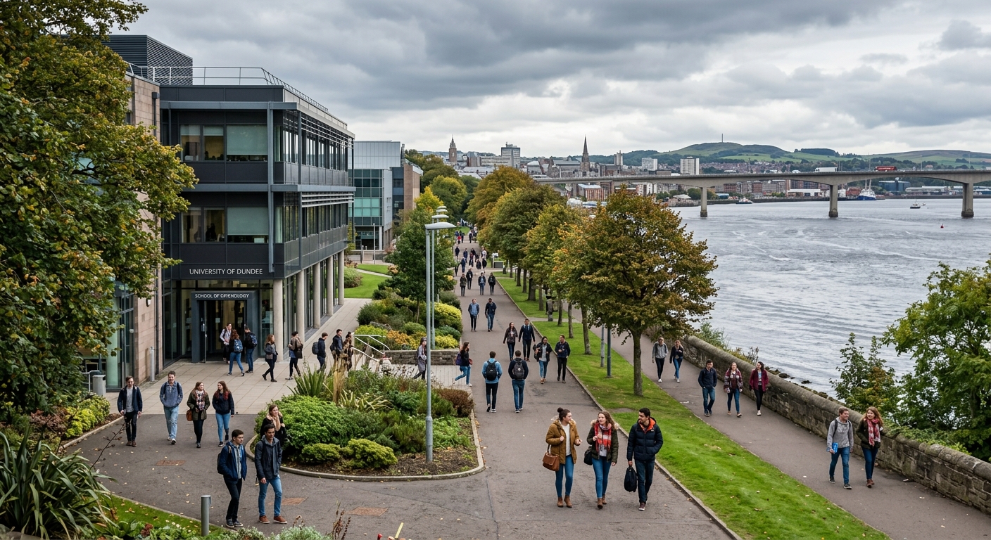 University of Dundee campus with modern psychology building, students walking along tree-lined paths near the River Tay, Scottish cityscape in the background with overcast sky