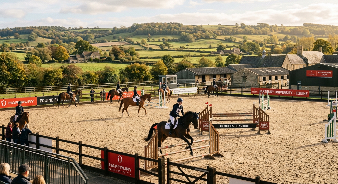 Hartpury University equine arena with horses and riders, professional-grade outdoor arena, Gloucestershire countryside backdrop, warm afternoon light