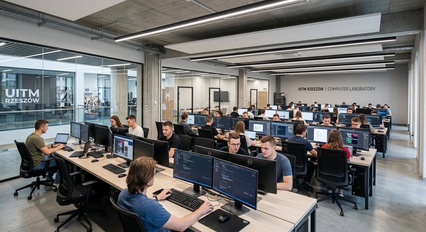 Modern computer laboratory at UITM Rzeszow with rows of high-end workstations, students working on projects, bright LED lighting, contemporary interior design