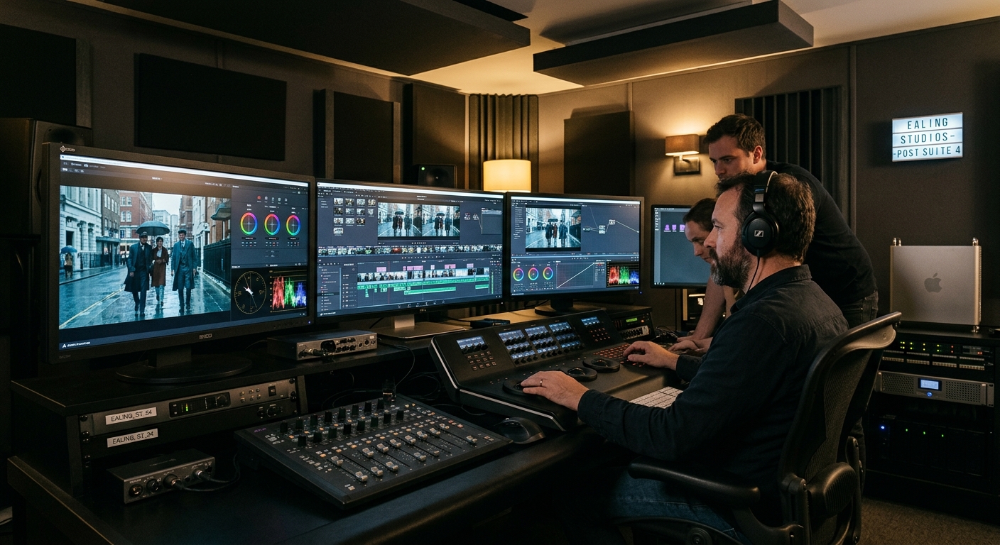 Professional post-production editing suite at Ealing Studios London, multiple monitors displaying colour grading and video editing timelines, dimly lit room with acoustic panels and industry-standard equipment