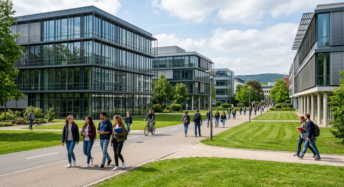 Modern research buildings and laboratories at Heidelberg University Neuenheimer Feld campus, green lawns, students walking between glass-fronted science buildings