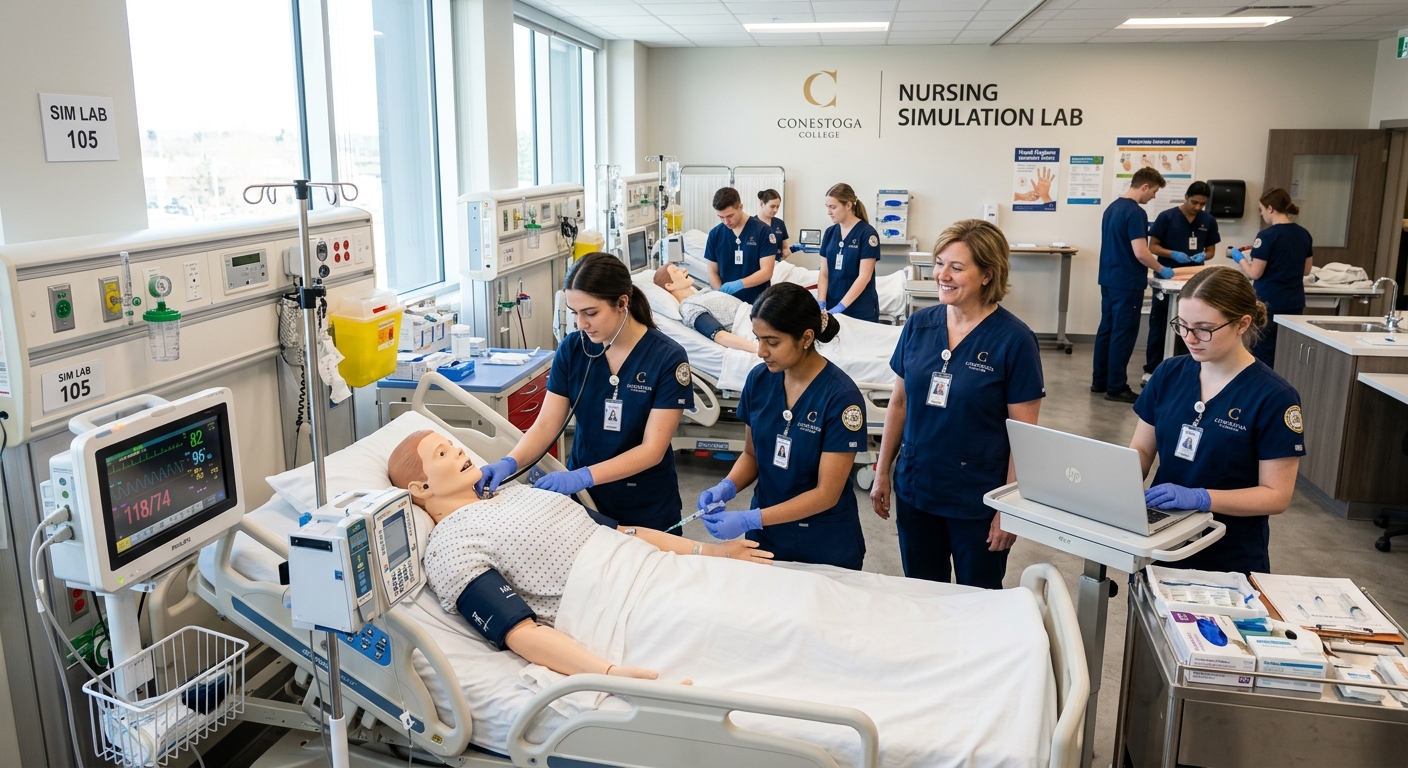 Modern nursing simulation lab at Conestoga College with nursing students practicing clinical skills on mannequins, instructor supervising, medical equipment visible, bright institutional lighting