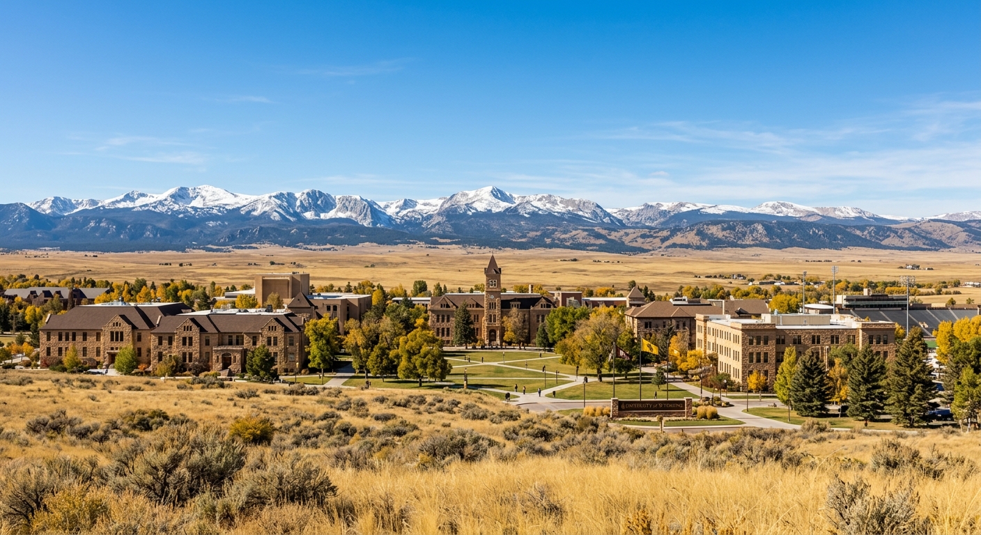 University of Wyoming campus wide shot, sandstone buildings against vast blue sky, Laramie Plains with Snowy Range mountains in background, golden prairie grass, clear autumn day