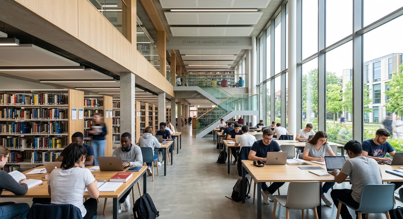 St Mary's University modern library interior with students studying at desks, bookshelves, bright contemporary design with large windows