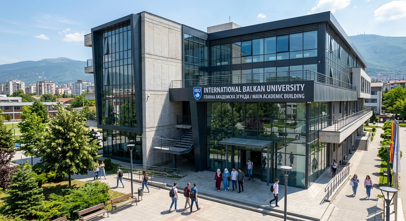 International Balkan University main academic building exterior, modern architecture with glass and concrete, IBU signage, students entering the building, sunny day in Skopje