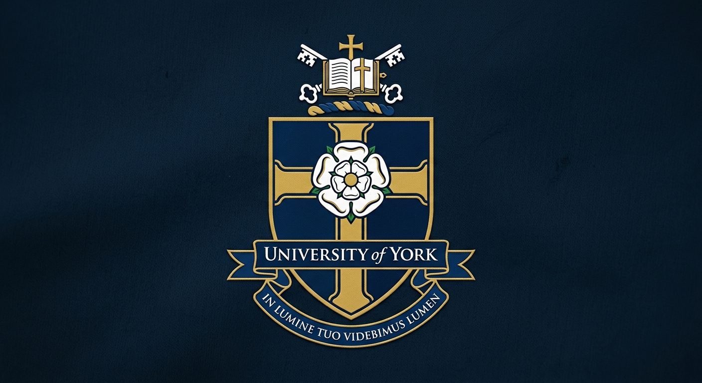 University of York official logo, shield crest with white rose of Yorkshire, dark blue and white colour scheme, text reading University of York