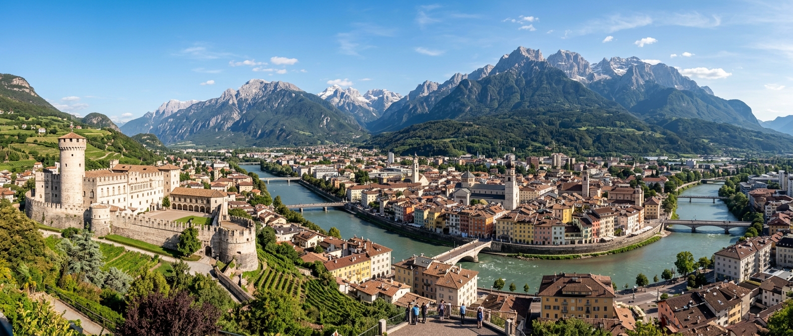 Panoramic view of Trento city in northern Italy, Adige River flowing through the center, colorful historic buildings, Castello del Buonconsiglio, Dolomite mountains in the background, clear sky
