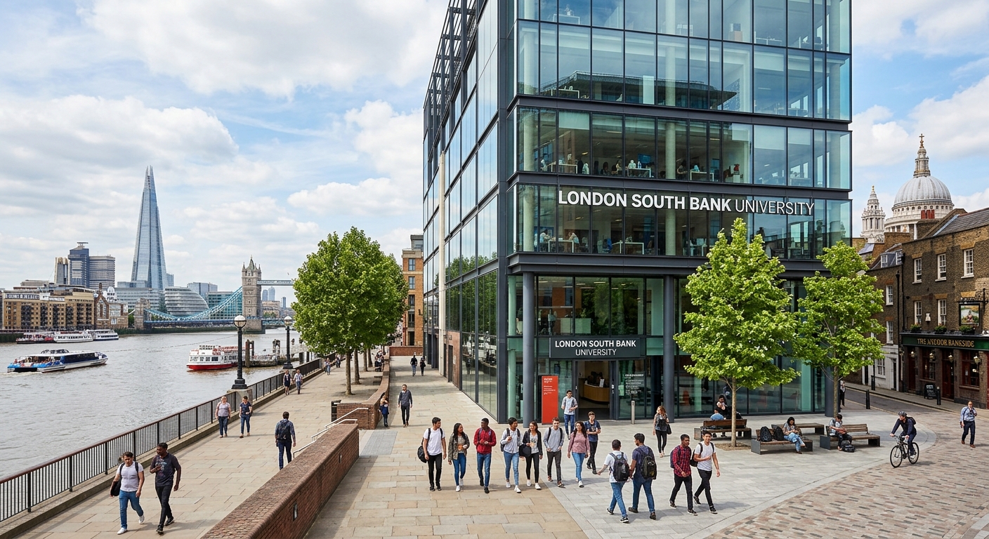 Modern London South Bank University campus building in Southwark with glass facade, urban skyline in background, students walking near the entrance, contemporary architecture blending with historic London surroundings