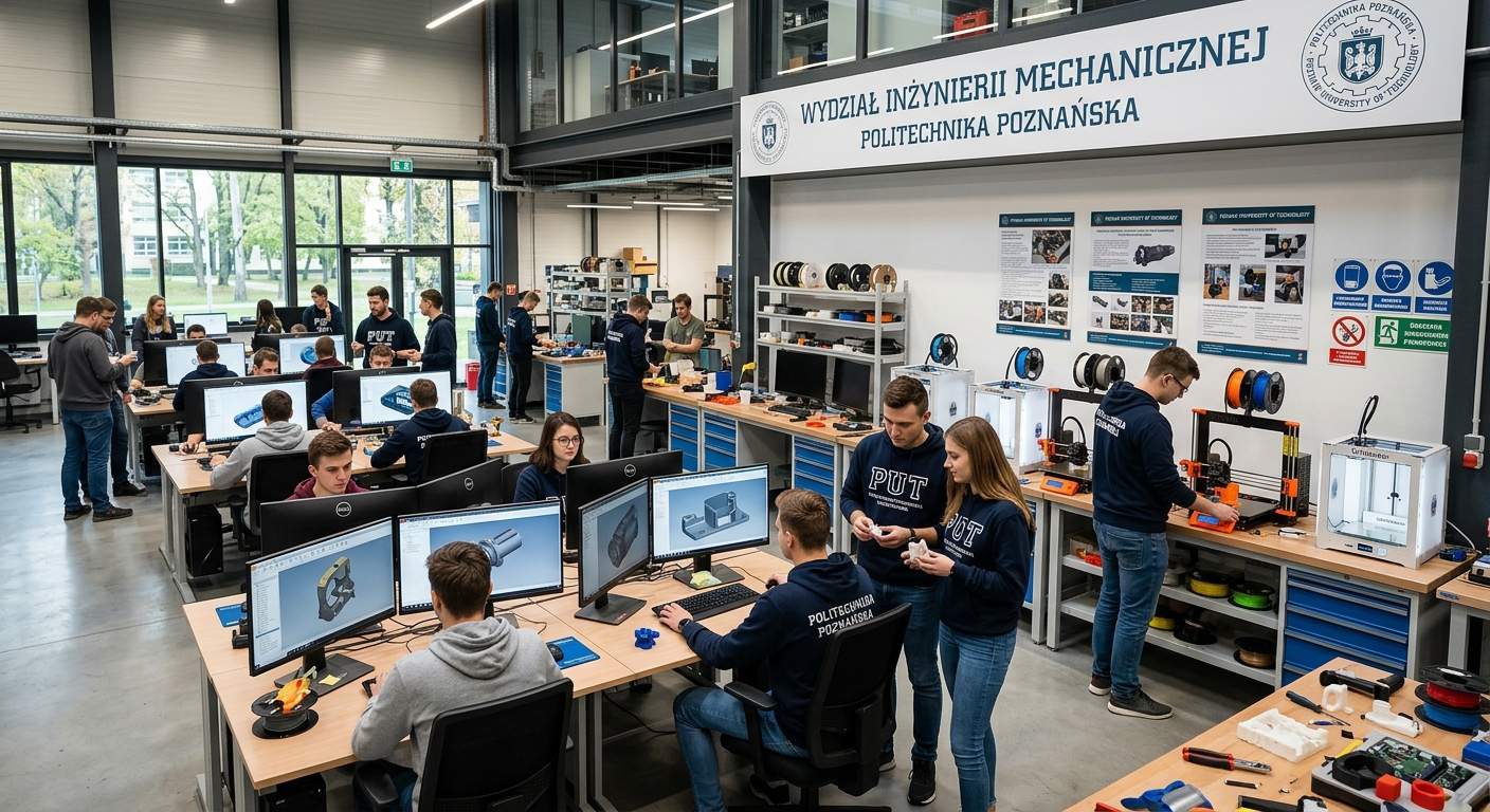 Modern engineering laboratory at Poznan University of Technology, students working on product prototypes with CAD workstations and 3D printers, bright industrial interior with Polish university branding