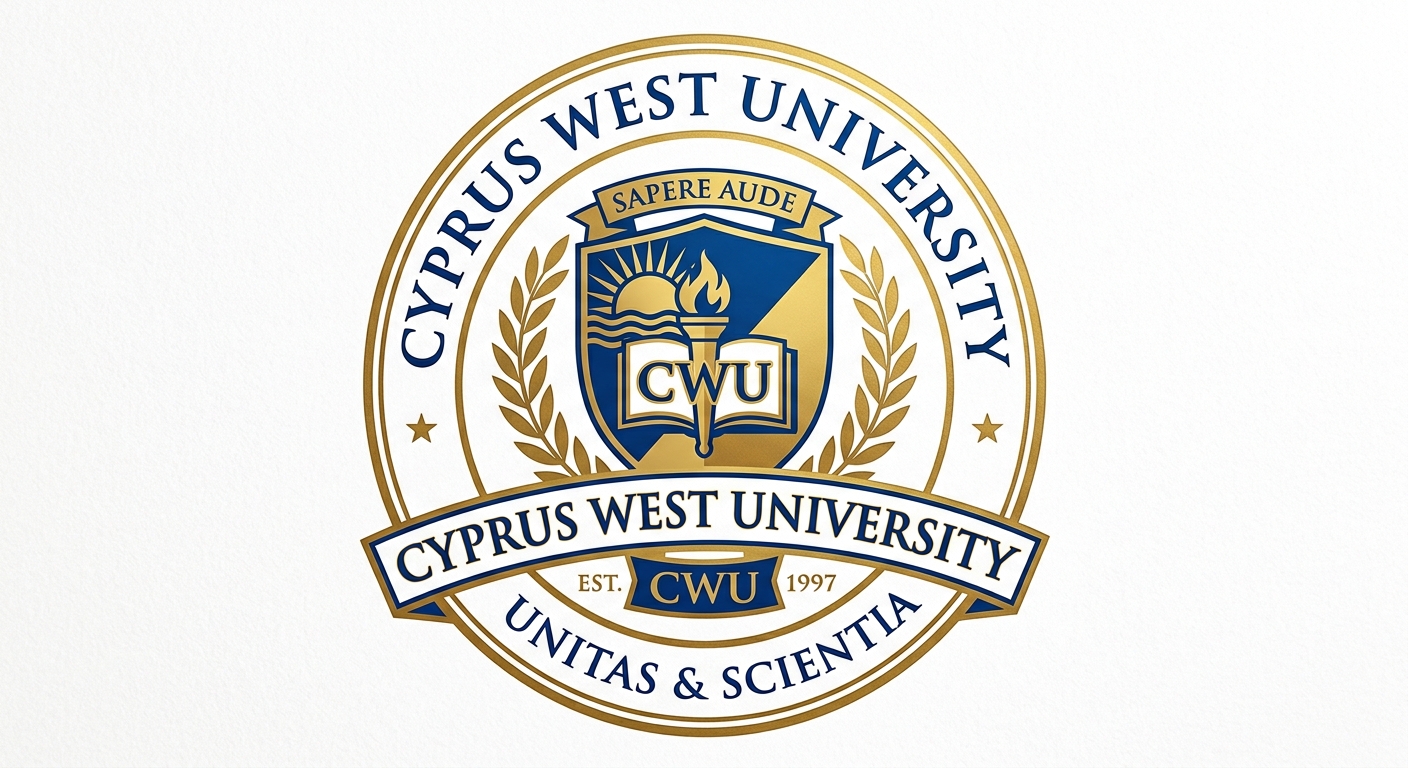 Cyprus West University official logo, CWU emblem with university name in blue and gold colors on white background