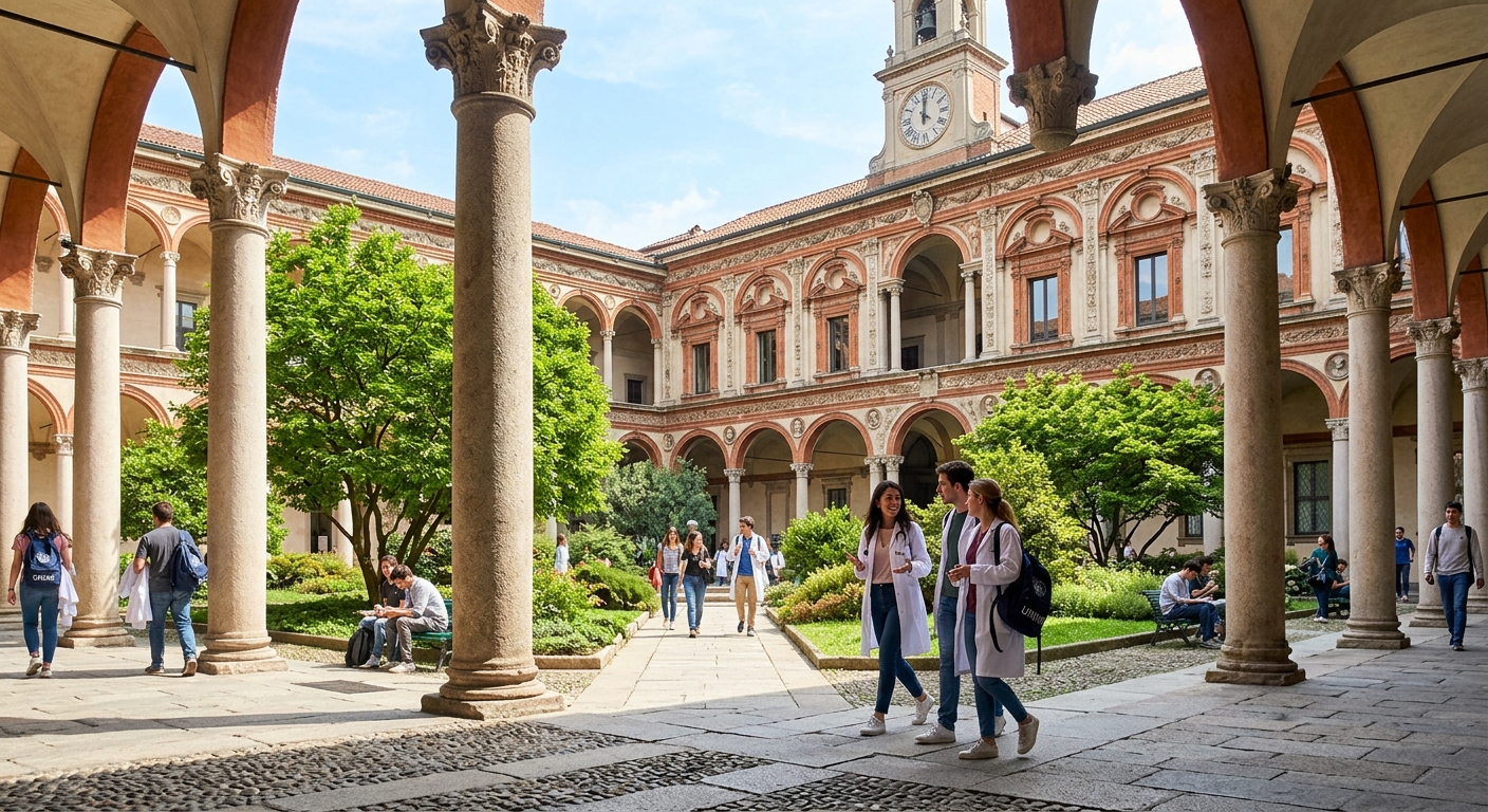 University of Milan historic Ca' Granda campus building with Renaissance architecture, medical students walking through courtyard, sunny day in Milan Italy with green trees and classical columns