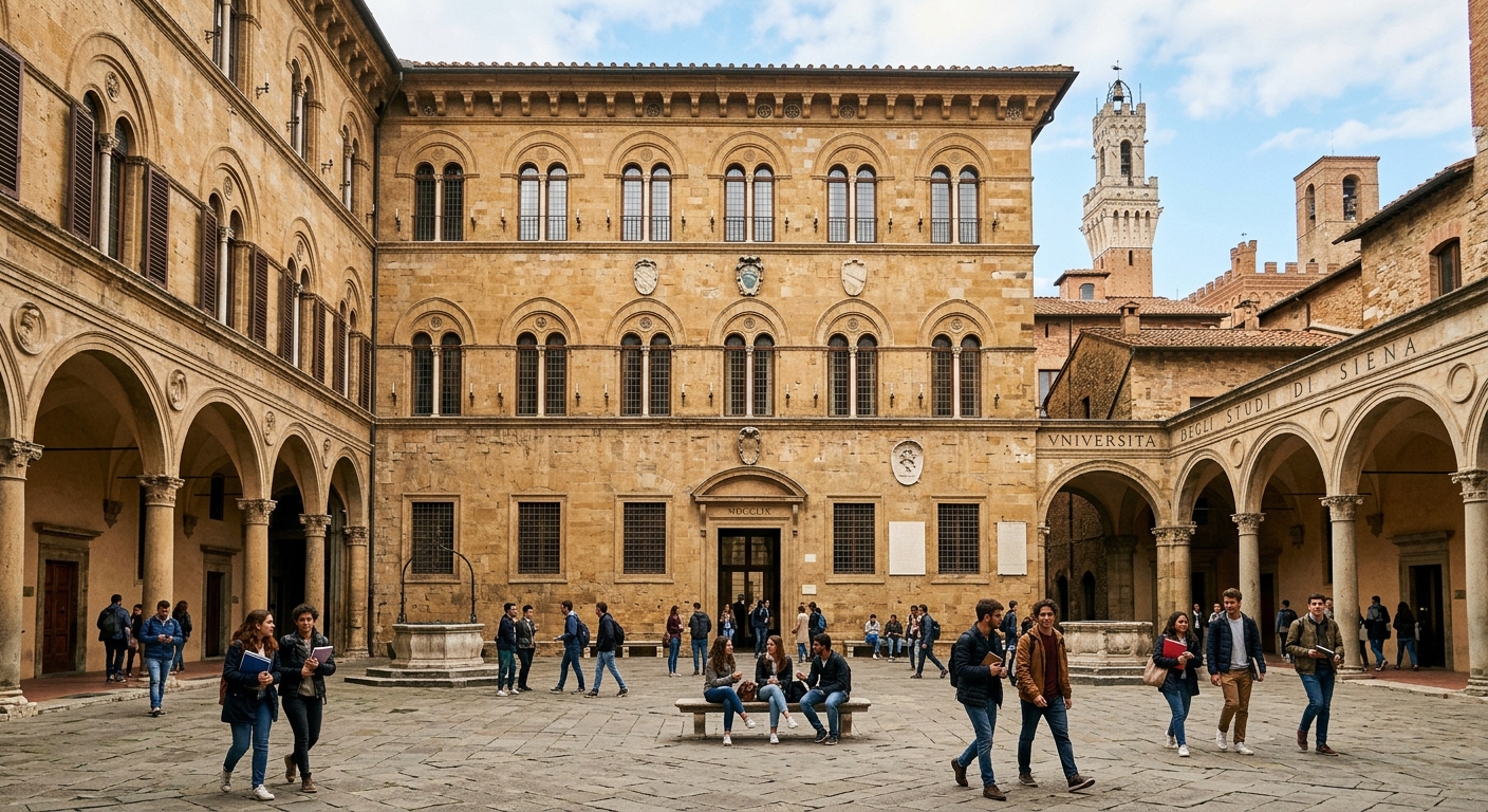 Historic University of Siena building with Renaissance architecture, stone facade, arched windows, and students walking through a courtyard in the Siena city center