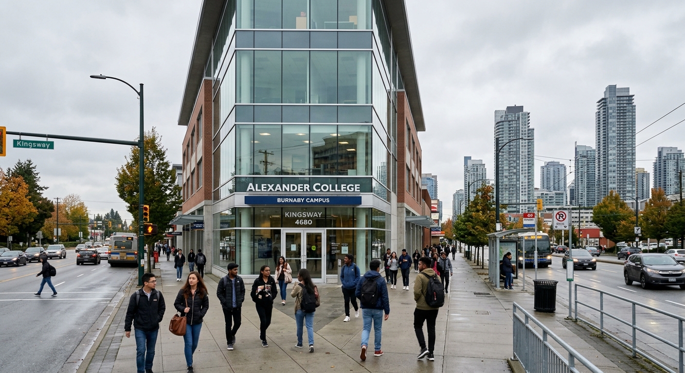Alexander College Burnaby campus modern building on Kingsway street, urban setting with Metrotown skyline in background, glass facade, students walking on sidewalk, overcast Pacific Northwest sky