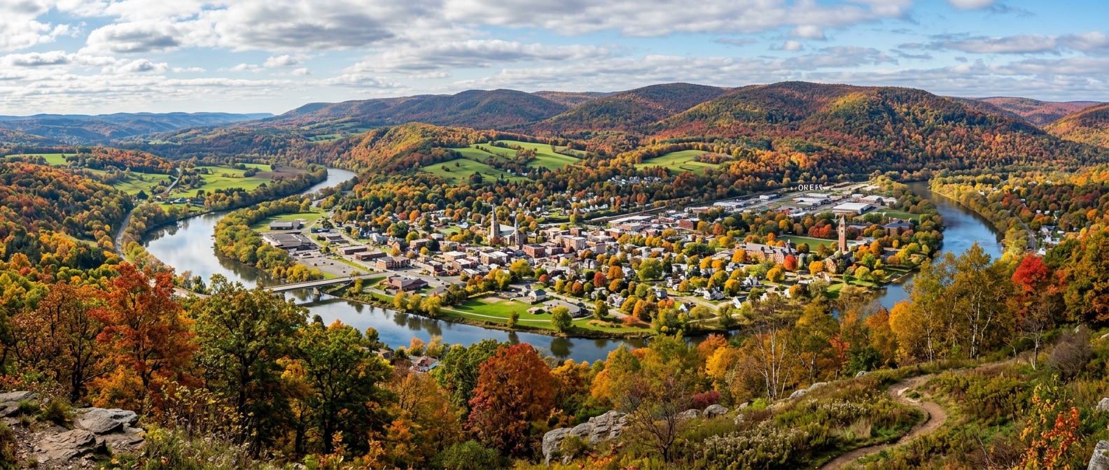 Panoramic view of Allegany and Olean New York area, rolling green hills, Allegheny River, small-town charm with autumn foliage and mountain backdrop