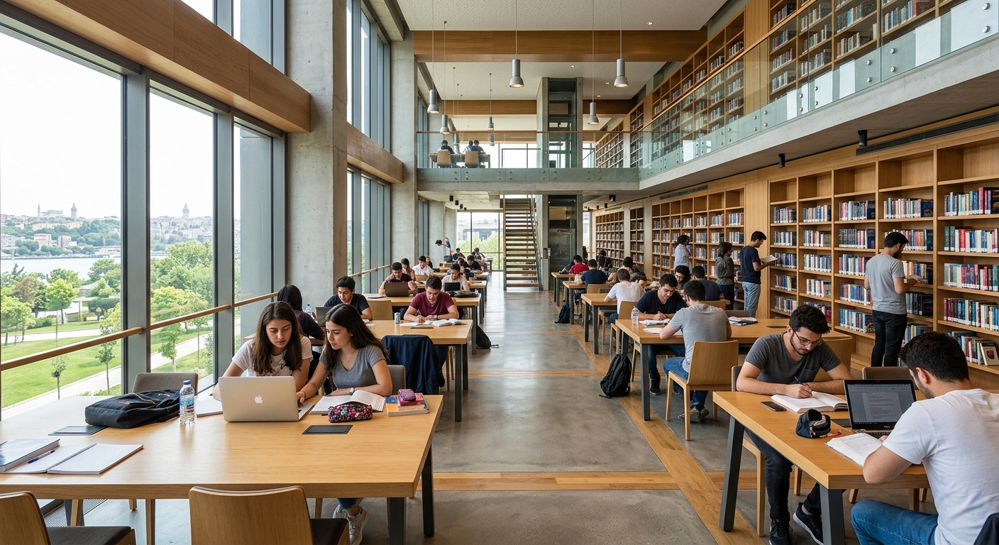Modern university library interior at Istanbul Topkapı University, students studying at desks, bookshelves lining walls, natural light from large windows, contemporary design