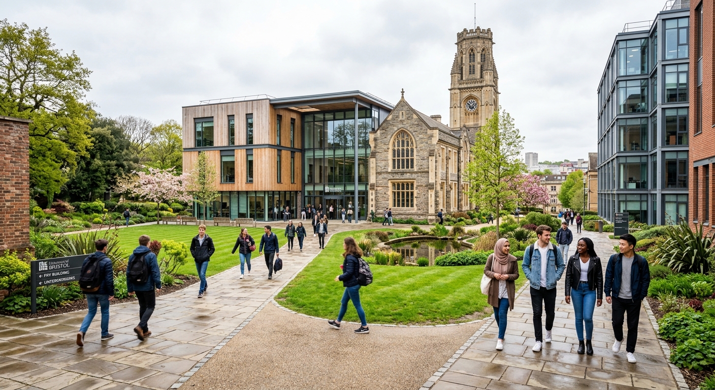 Modern university campus building in Bristol UK with international students walking along pathways, green landscaped grounds, British architecture blending with contemporary educational facilities, bright overcast sky typical of Bristol