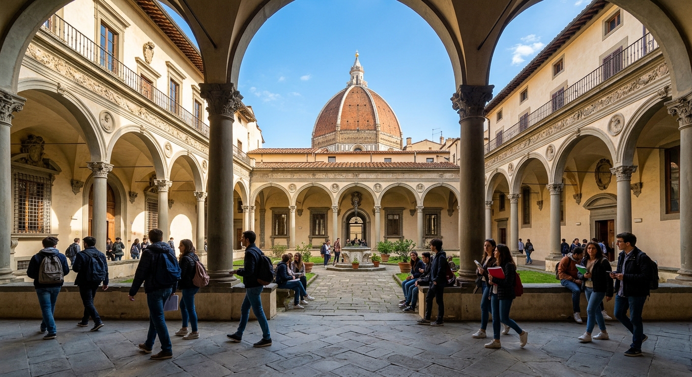 Historic University of Florence campus building with Renaissance architecture, students walking through a sunlit courtyard with arched colonnades, the Florence cathedral dome visible in the background against a clear blue sky