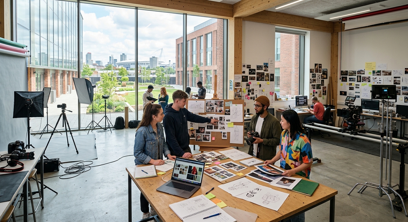 Modern university campus in North London with creative arts studio spaces, students collaborating on visual research projects, natural light streaming through large windows, photography and film equipment visible