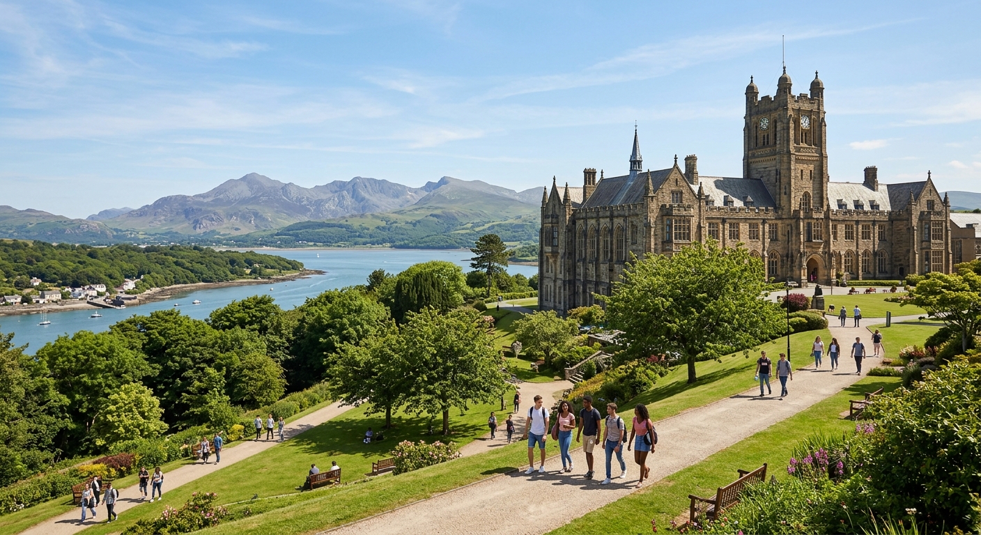 Bangor University historic main building with mountains of Snowdonia in the background, green campus grounds, students walking along pathways in North Wales, clear sky with scenic views of the Menai Strait