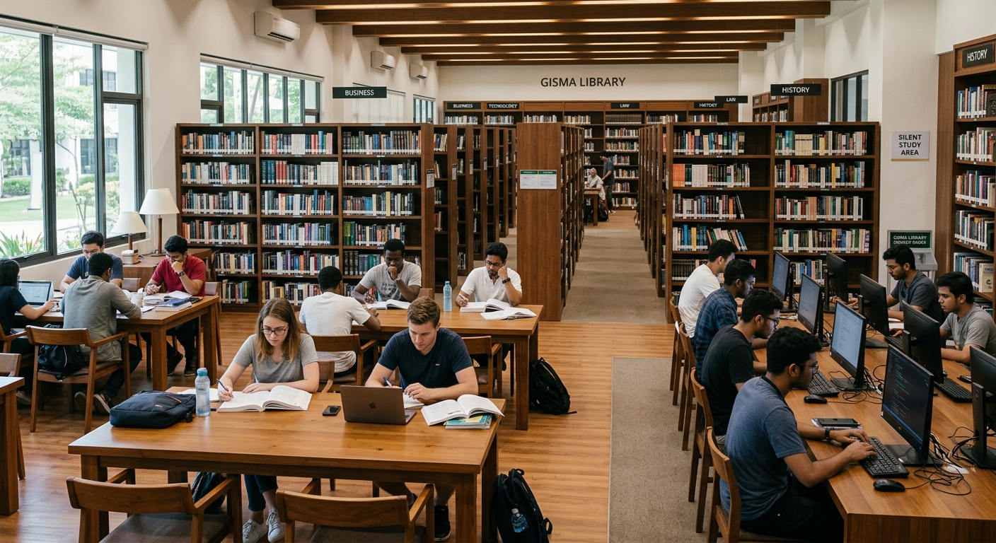 Gisma University library interior showing rows of bookshelves, digital workstations, and students reading at wooden desks