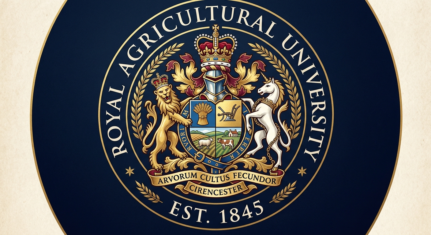 Royal Agricultural University official logo featuring a royal crest with crown, agricultural motifs, and the university name in serif typography