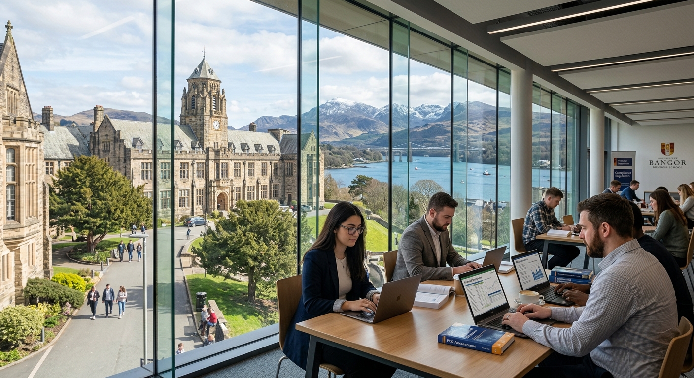 Bangor University campus with historic stone buildings set against the backdrop of Snowdonia mountains and the Menai Strait, professional students studying financial compliance on laptops in a modern business school setting