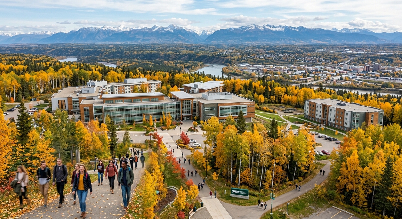 University of Northern British Columbia campus in Prince George surrounded by northern forests and mountains, modern academic buildings with large windows, students walking on pathways during autumn with golden foliage