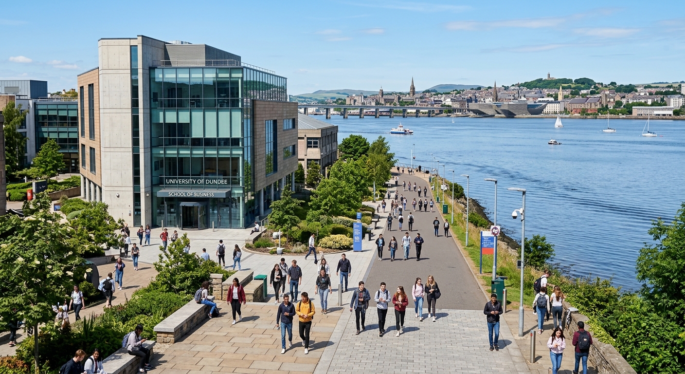 University of Dundee campus with modern School of Business building, students walking along pathways near the River Tay, Scottish cityscape in the background with clear skies