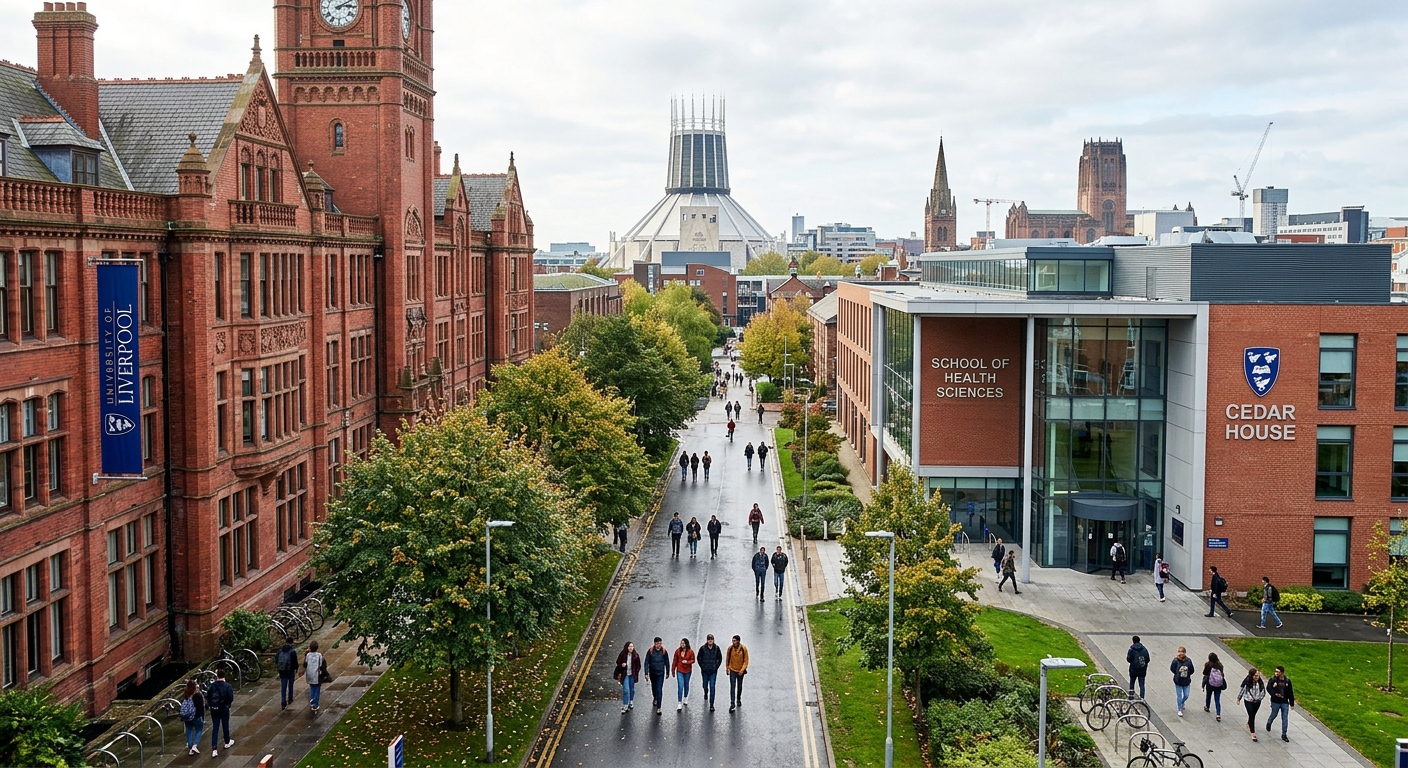 University of Liverpool red brick campus building with modern health sciences facilities, students walking through tree-lined paths, Liverpool cityscape in background, bright overcast sky typical of England