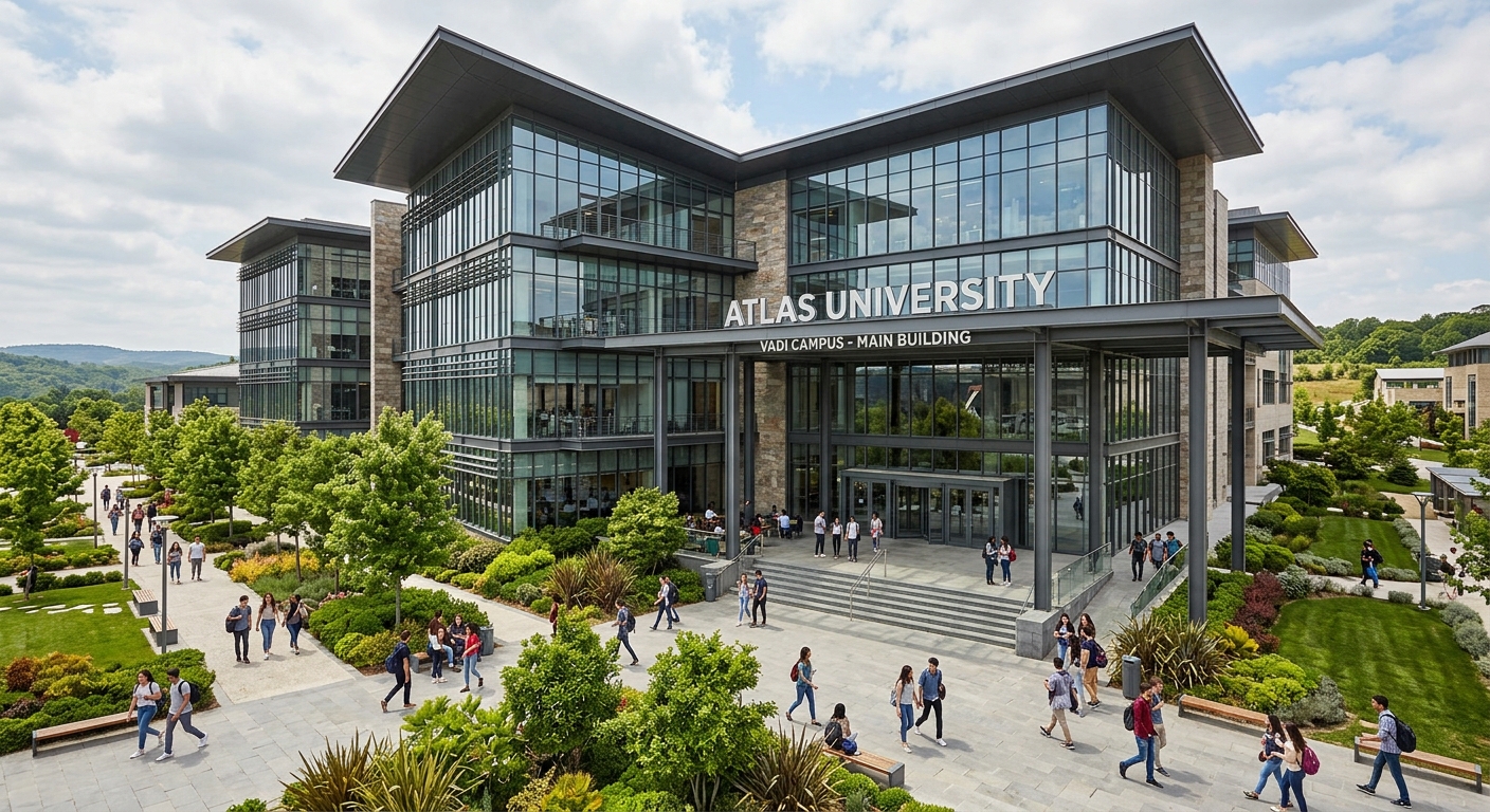 Atlas University Vadi Campus main building exterior, modern glass and steel architecture, wide entrance plaza with students walking, green landscaping, daytime