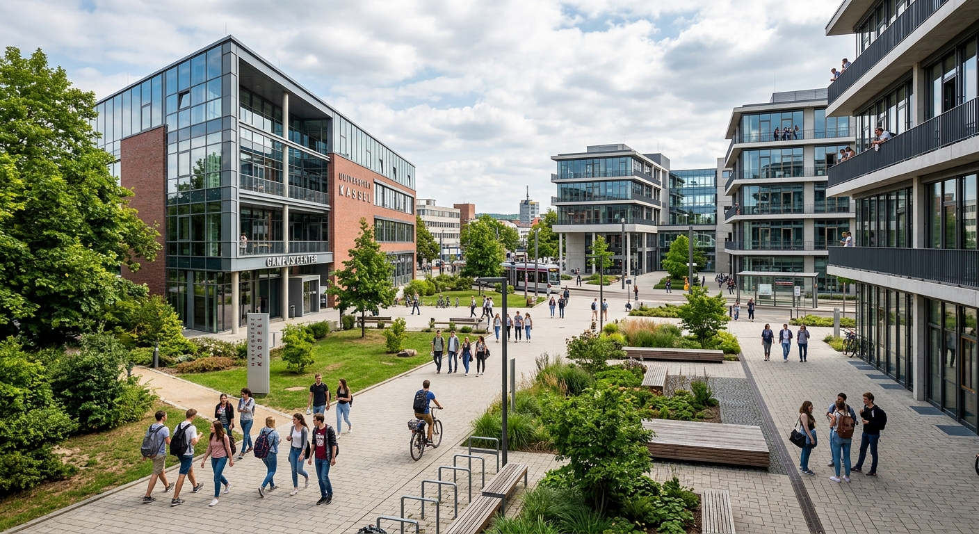 University of Kassel main campus at Holländischer Platz, modern academic buildings with students walking through the courtyard, green spaces and contemporary architecture in Kassel, Hesse, Germany