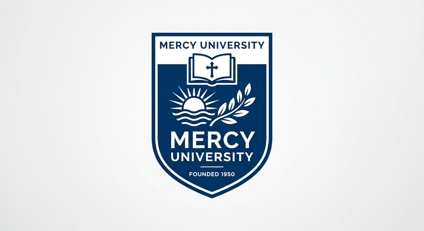 Mercy University official logo, blue and white shield emblem with university name text, clean modern design