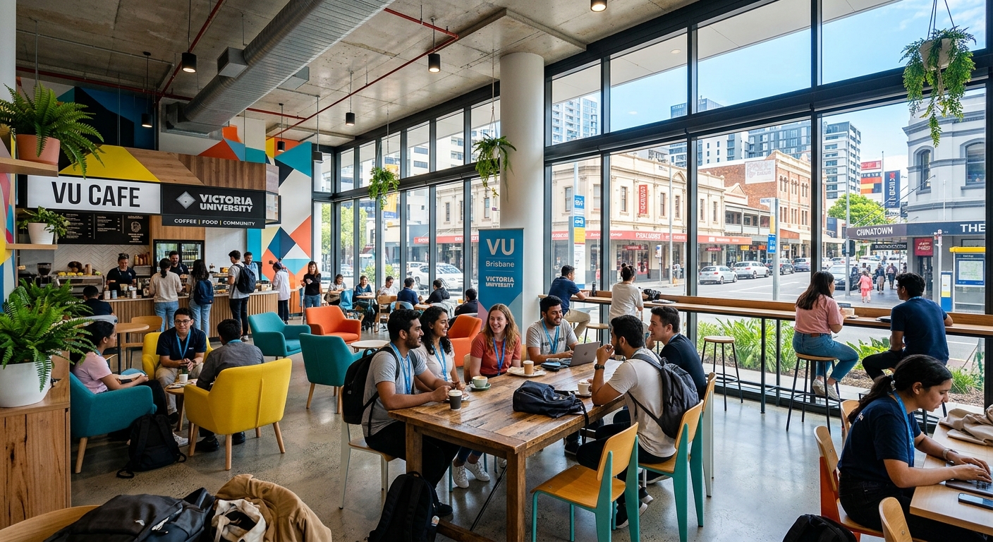 VU Brisbane student common area and cafe, breakout space with students socialising, colourful modern decor, large windows overlooking Fortitude Valley streetscape