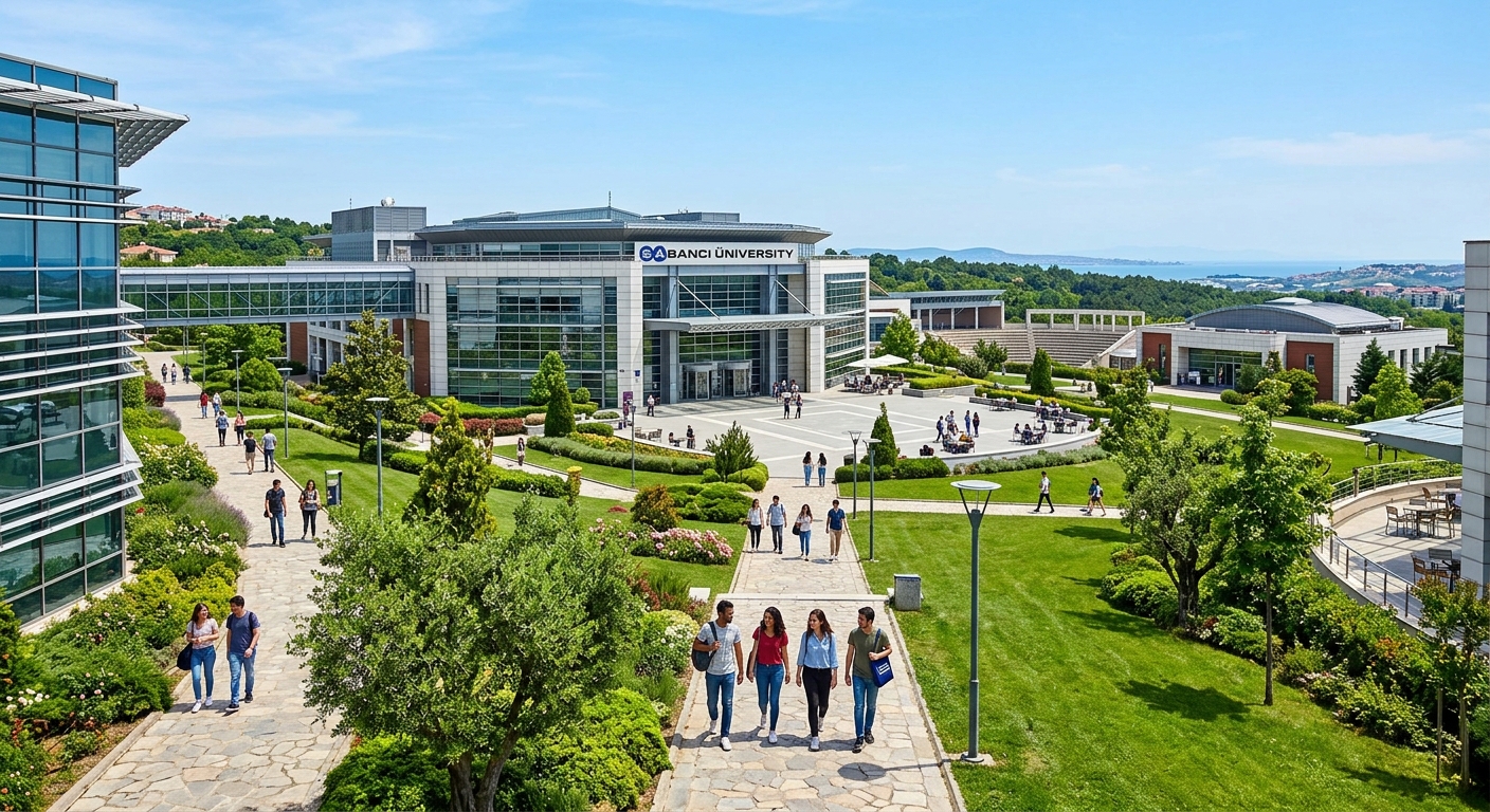 Modern Sabancı University campus in Istanbul Turkey, contemporary glass and steel academic buildings surrounded by green landscaping, students walking on pathways, clear sky background with a view of the Tuzla campus