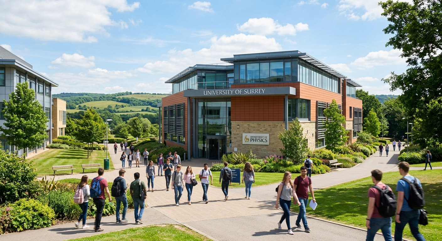 University of Surrey Stag Hill campus in Guildford with modern physics laboratory building, green landscaped grounds, students walking between buildings, bright daylight with blue sky over Surrey hills