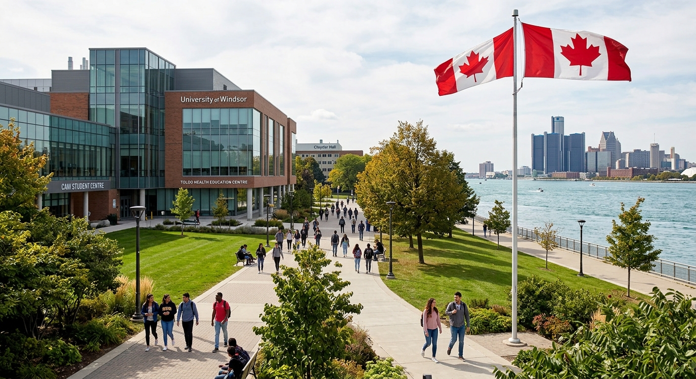 University of Windsor campus with modern academic buildings, green lawns, and Canadian flag, students walking along tree-lined pathways near the Detroit River waterfront in Windsor Ontario