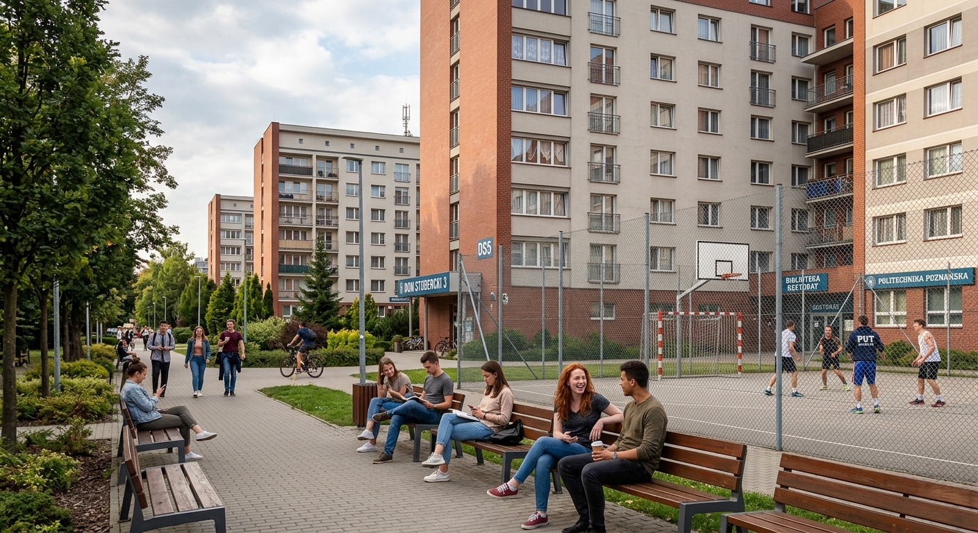 Poznan University of Technology student dormitories, multi-story residential buildings, outdoor basketball court, students relaxing on benches