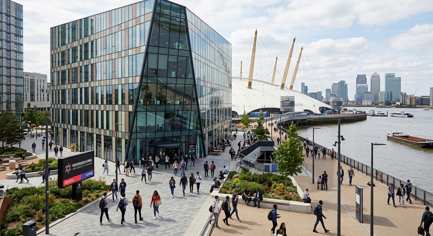 Modern Ravensbourne University London campus building on Greenwich Peninsula next to the O2 Arena, with contemporary glass architecture, students walking outside, creative design district setting with the Thames river in the background