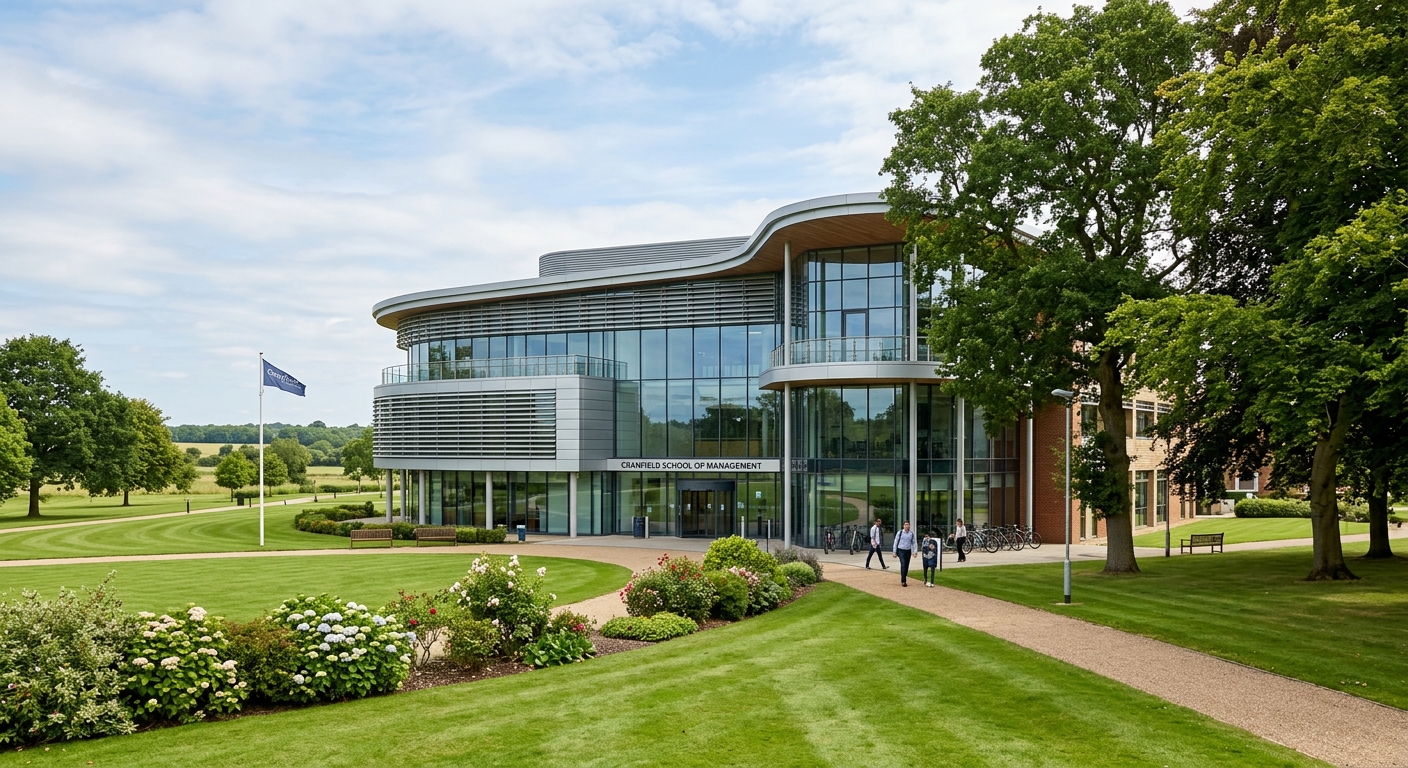 Cranfield School of Management building exterior, modern architecture with glass facades, surrounded by manicured green lawns and mature trees in the English countryside