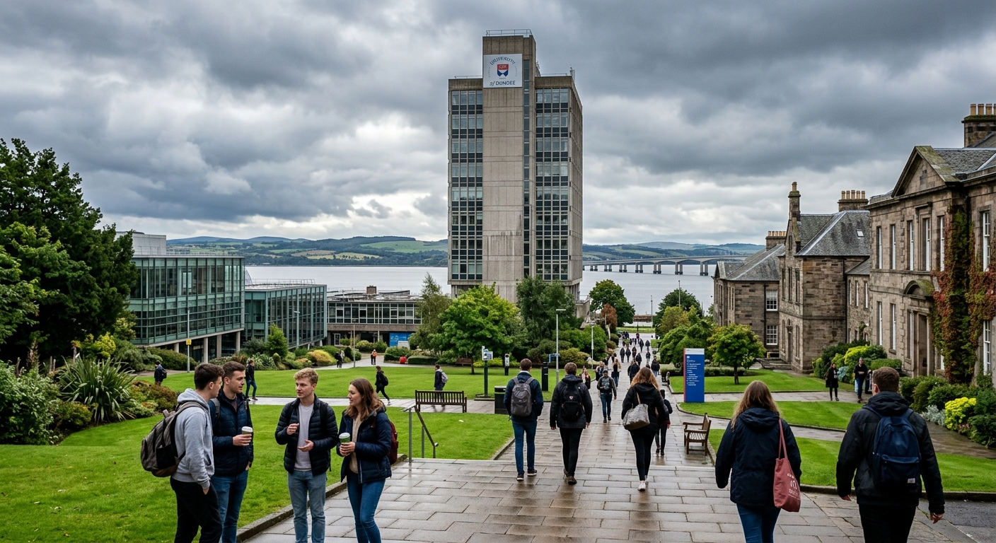 University of Dundee campus with historic stone buildings, modern lecture halls, and green courtyards, students walking near the Tower Building with views of the River Tay in the background, overcast Scottish sky