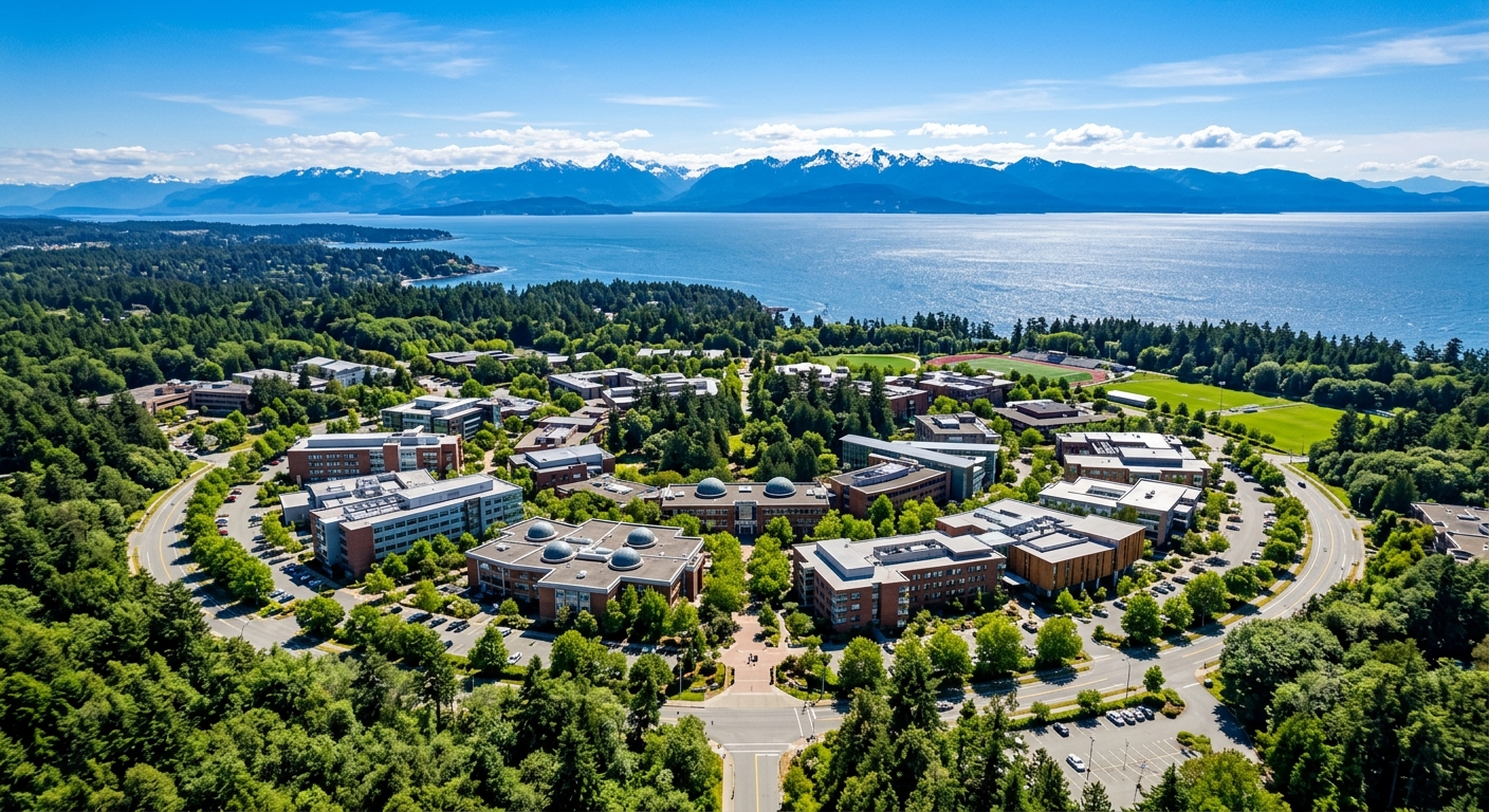 University of Victoria campus aerial view showing modern academic buildings surrounded by lush Pacific Northwest forests, with the Strait of Juan de Fuca and Olympic Mountains visible in the background under clear blue skies