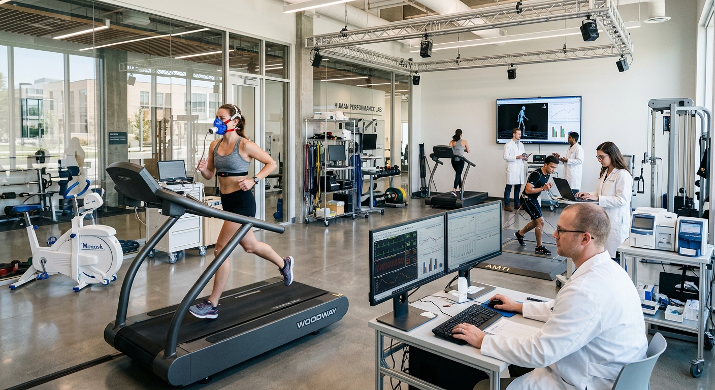 Modern university laboratory interior with exercise physiology equipment, treadmills, biomechanics sensors, and researchers in white coats analyzing data