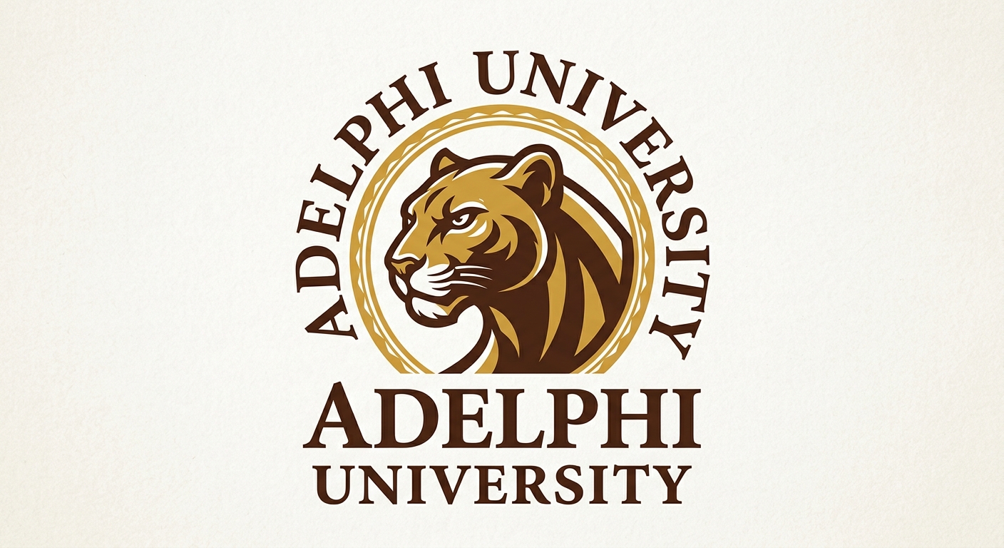 Adelphi University official logo, brown and gold panther emblem with university name in serif typeface