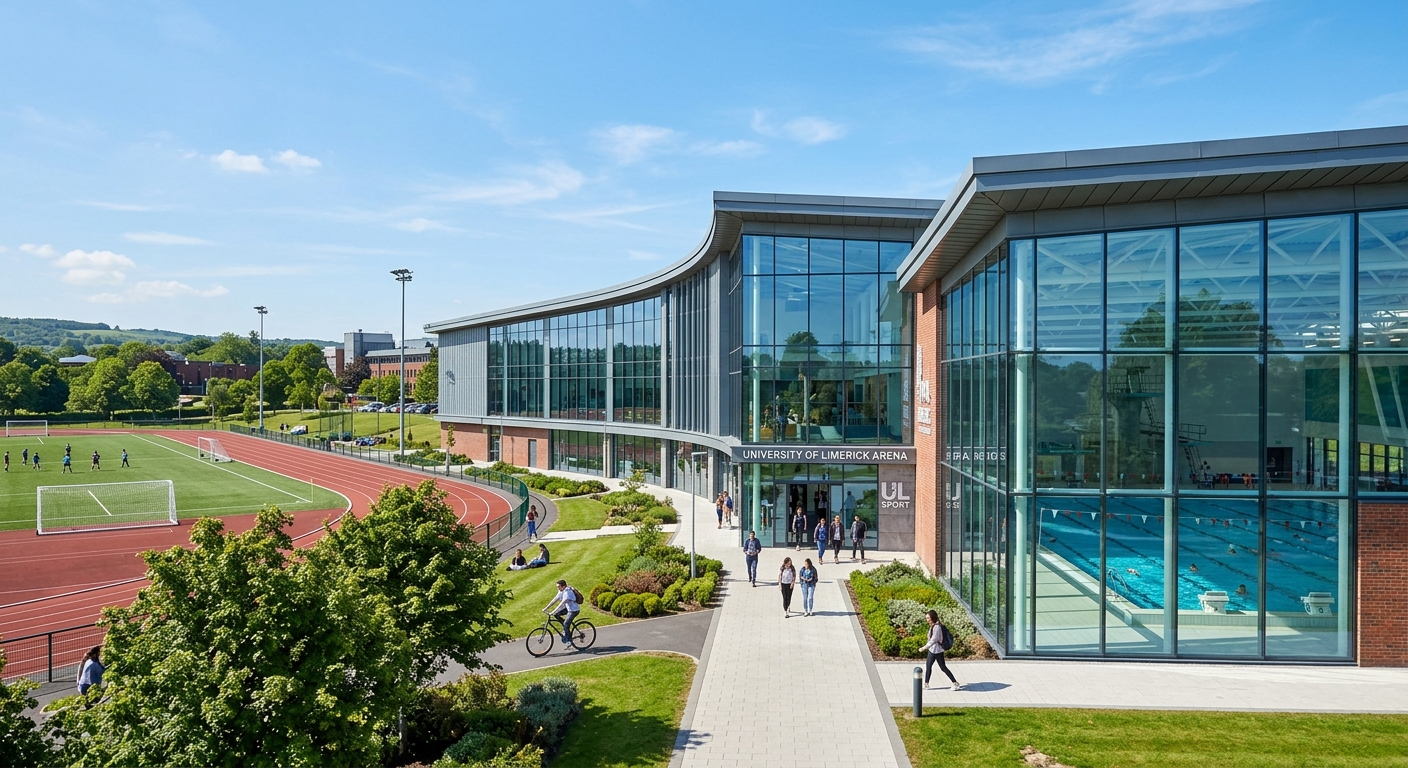 University of Limerick Arena exterior showing the modern sports complex with glass facade, Olympic swimming pool wing, and surrounding athletic grounds on a bright day