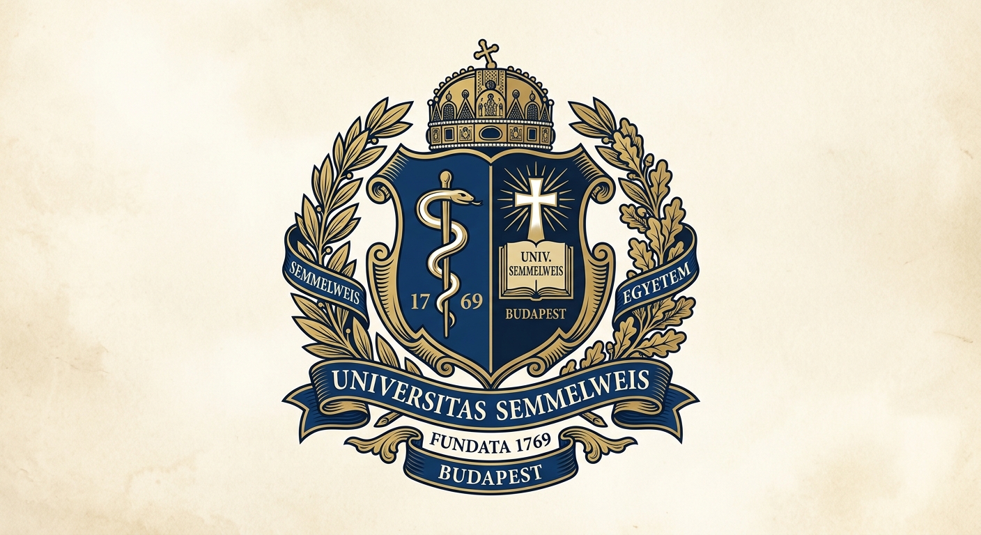 Semmelweis University official logo, featuring a traditional coat of arms with medical symbolism and the Latin name Universitas Semmelweis, blue and gold color scheme