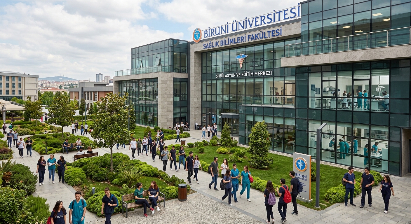 Modern Biruni University campus building in Istanbul with students walking through green courtyard, Faculty of Health Sciences visible, contemporary Turkish architecture with glass facades and medical training facilities
