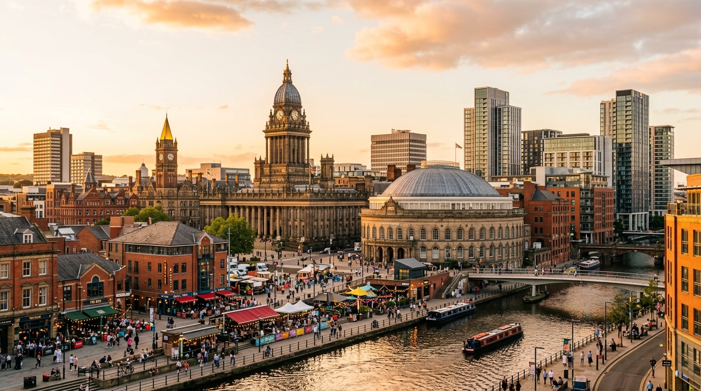 Leeds city centre skyline panorama, historic Town Hall and Corn Exchange buildings mixed with modern architecture, River Aire, vibrant street scene with shops and cafes, golden hour lighting