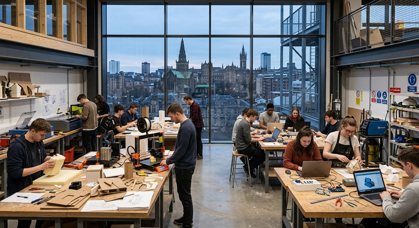 Glasgow School of Art campus building with modern design studio interior, students working on product prototypes and 3D models, industrial workshop equipment visible, Glasgow city skyline in background with historic architecture