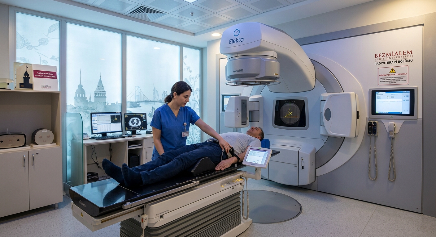Modern radiotherapy treatment room with linear accelerator equipment, medical technician positioning patient, Bezmialem Vakıf University hospital setting in Istanbul with advanced oncology technology and clinical environment