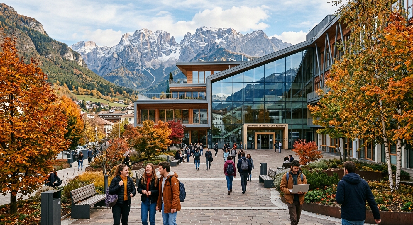 University of Trento campus in the Italian Alps, modern building with glass facade surrounded by mountain scenery, students walking through a courtyard with autumn foliage, Dolomites visible in background